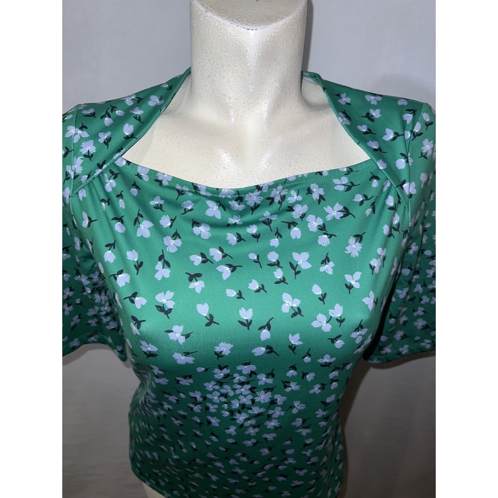 Ann Taylor Top Floral Stretch Envelope Neck Shirt Women's Size M Green Half Slv - Picture 2 of 8